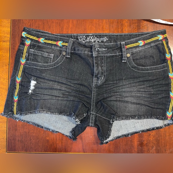 Bubblegum Pants - Black Denim Shorts Size 11/12 Ruched Front Embroidered Trim